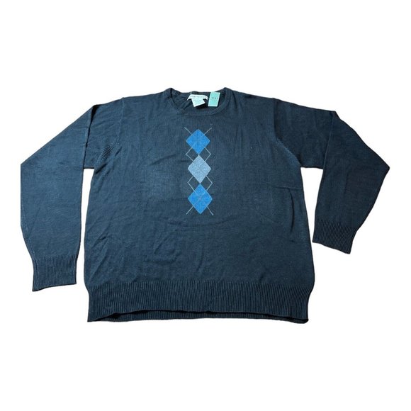 Vintage Argyle Acrylic Sweater Adult L Black Knightsbridge Crewneck Grandpa - Picture 1 of 5